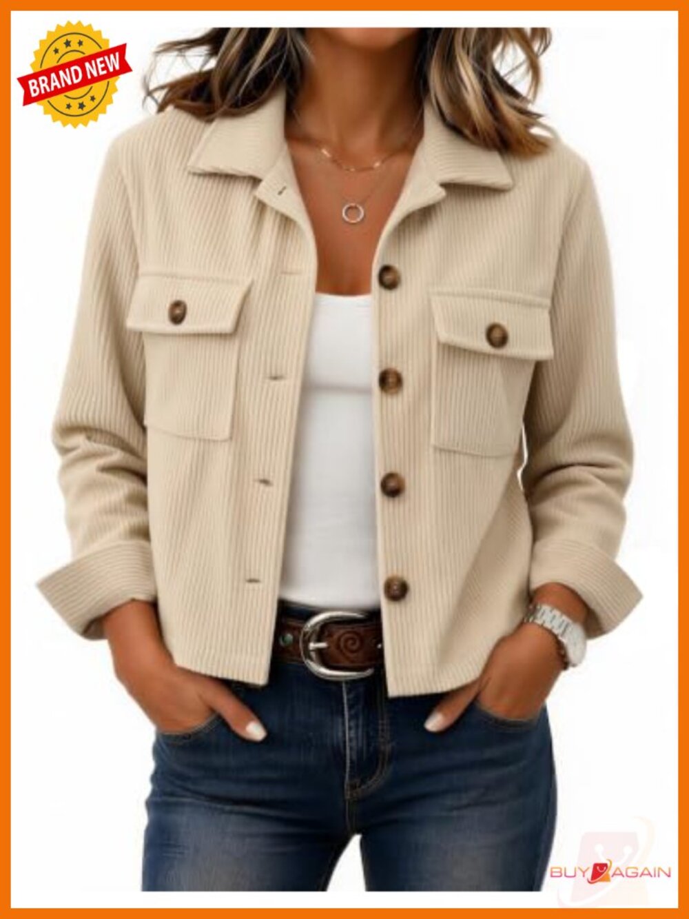 Corduroy Cropped Button Down Shacket Long Sleeve Casual Jacket